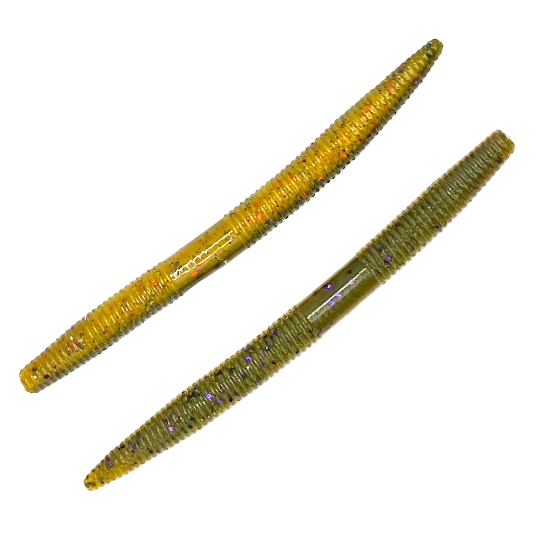 Two soft plastic fishing lures shaped like small segmented worms, shown on a plain white background. One is golden yellow with orange and purple glitter, and the other is olive green with purple and orange glitter.