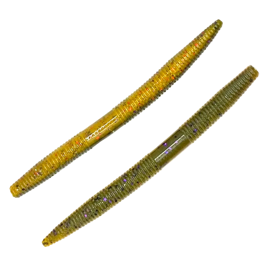 Two soft plastic fishing lures shaped like small segmented worms, shown on a plain white background. One is golden yellow with orange and purple glitter, and the other is olive green with purple and orange glitter.