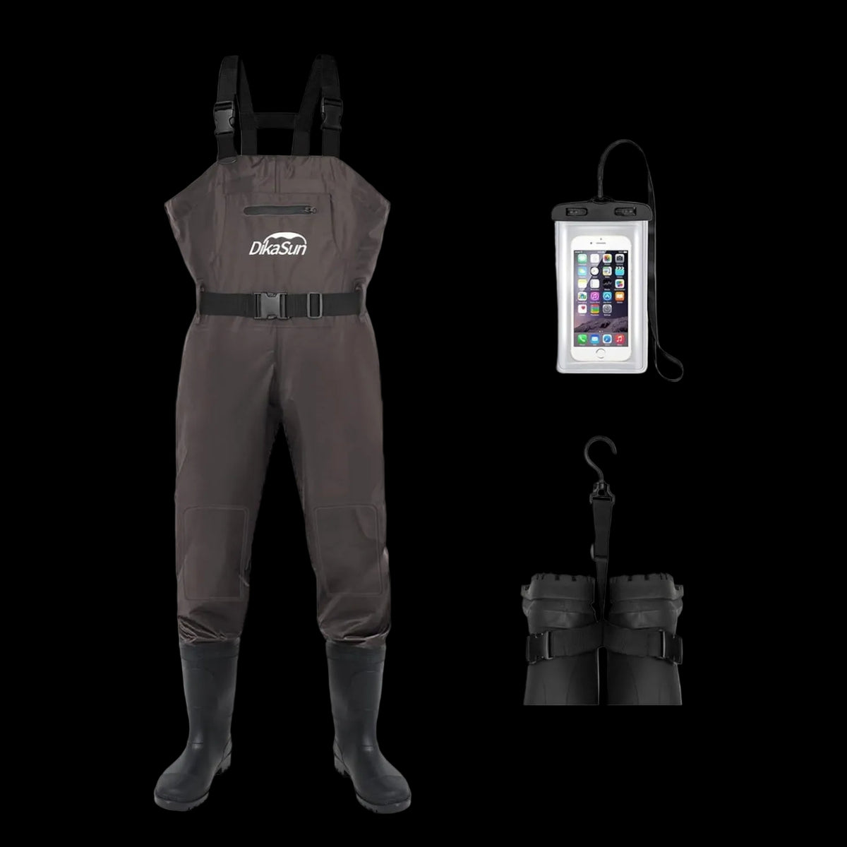 Waders with suspenders, a phone case, and booties on a white background