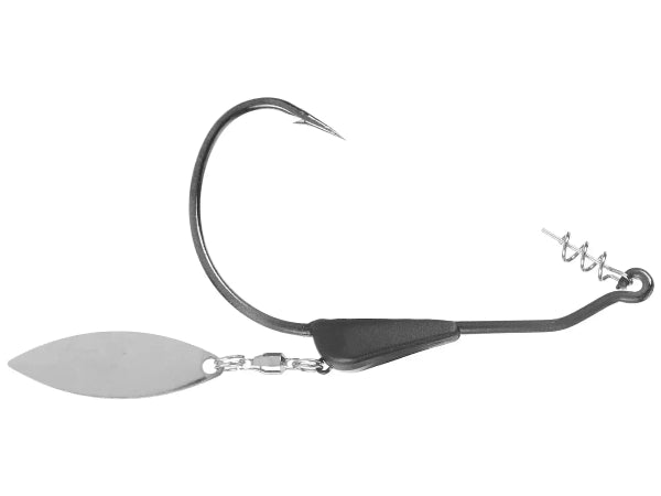 A fishing lure with a curved metal hook, a black body, a small wire spiral, and a silver paddle blade, shown on a plain white background.