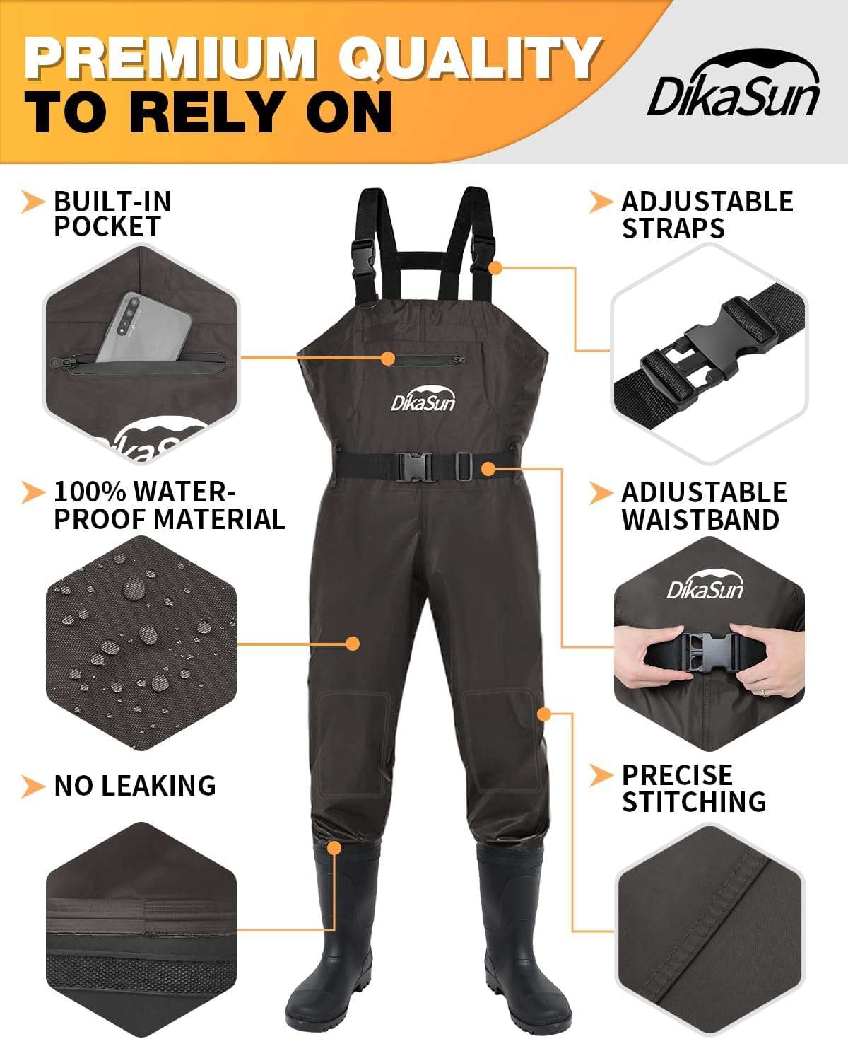 DikaSun Bootfoot Chest Waders with Boots Brown