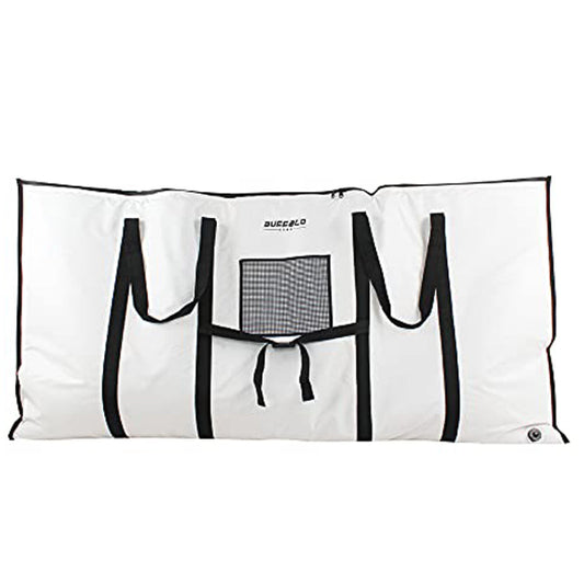 A white heavy-duty roll-up cooler bag with black trim, black carrying handles, and a central black mesh pocket, branded with 'BURSCAGO' on the front.