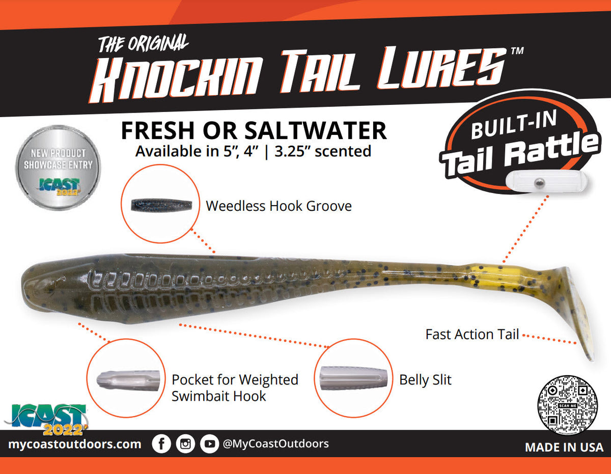 Knockin Tail Lure 5in Green Pumpkin 6pk — Built-In Tail Rattle | Larger Louder Rattle