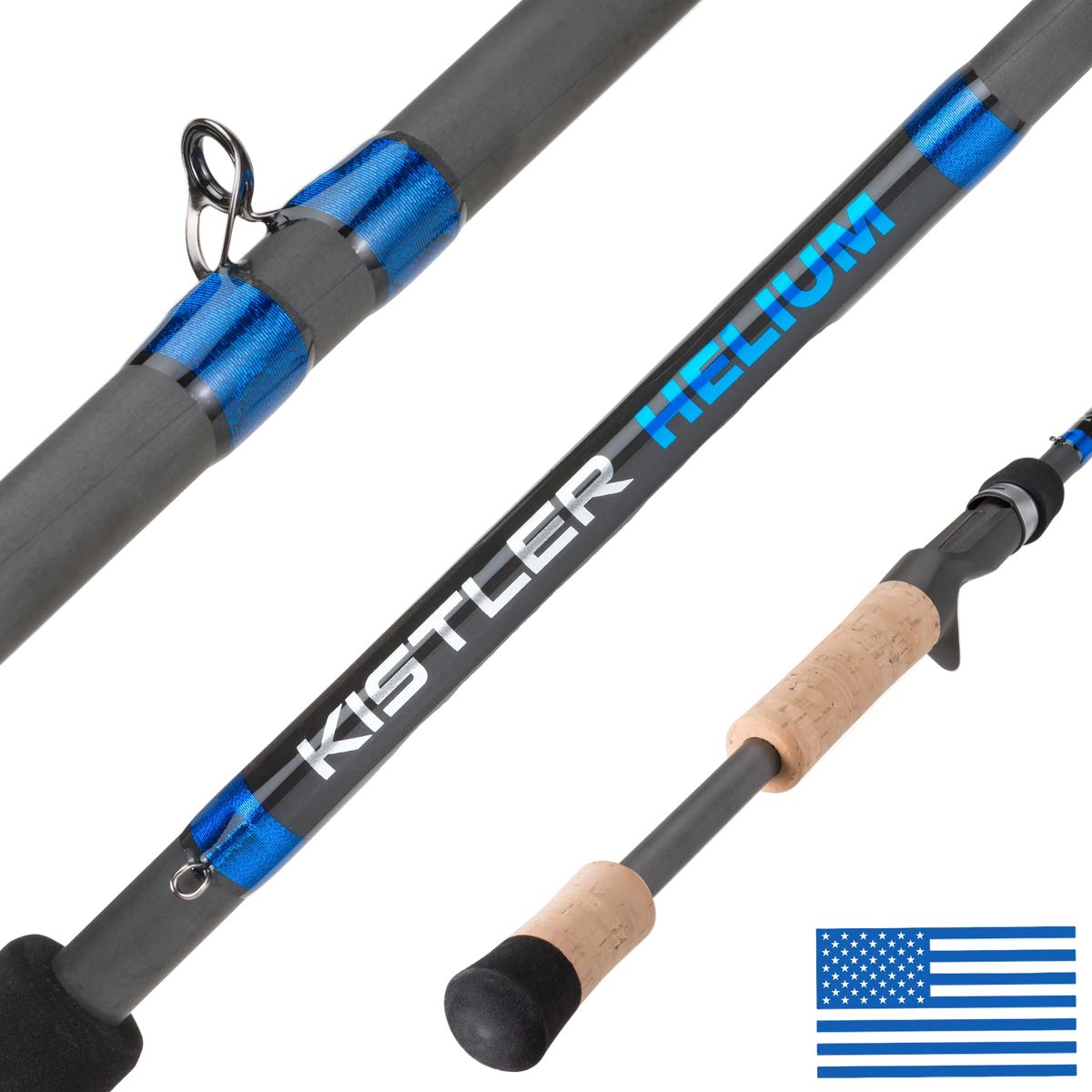 Kistler Helium fishing rod shown in three views on a white background, featuring a black and blue graphite rod blank, cork-wrapped handle, and black reel seat. The Kistler brand name is printed in white and blue on the rod blank, and a blue US flag icon is in the bottom right corner.