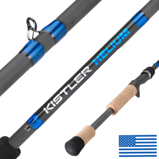 Kistler Helium fishing rod shown in three views on a white background, featuring a black and blue graphite rod blank, cork-wrapped handle, and black reel seat. The Kistler brand name is printed in white and blue on the rod blank, and a blue US flag icon is in the bottom right corner.