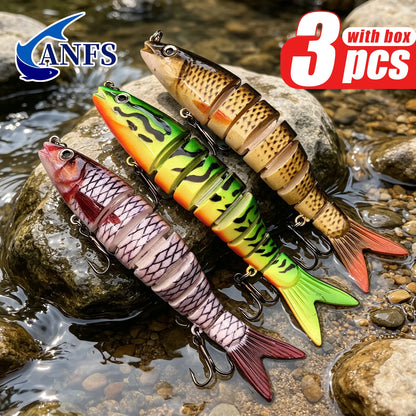 ANFS Realistic Fishing Lure Set of 3pcs, Multi-Jointed Swimbaits Fishing Lures, Lifelike Slow Sinking Artificial Bait for Bass, Trout