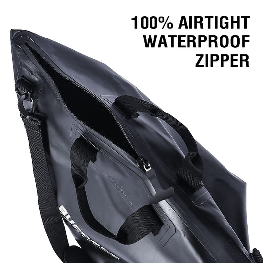 Black bag with a 100% airtight waterproof zipper on a white background