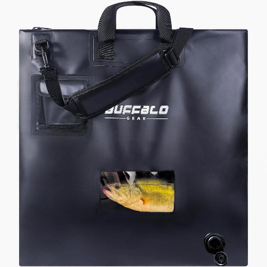 Black fishing bag with a fish design and 'Buffalo Gear' branding on a white background