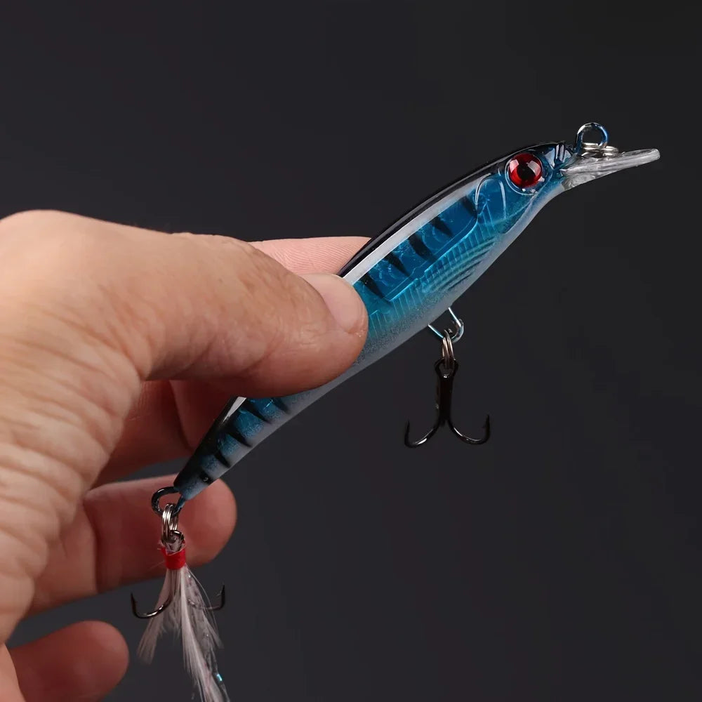 5pcs/box Laser 3D Eyes Bionic Minnow Fishing Lure -13.3g/6.8g Hard Bait with Feather Treble Hooks for Maximum Catch