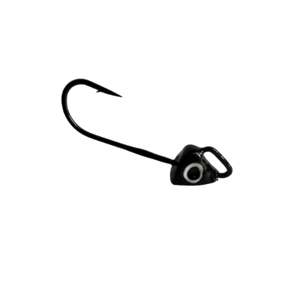 Black fishing hook with a weight on a white background