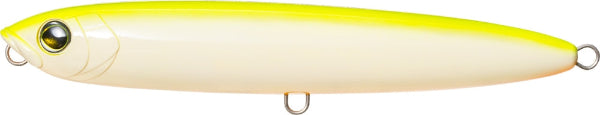 A hard bait fishing lure with a cream-white body, a bright yellow back, and realistic gold and black eyes, shown against a plain white background.