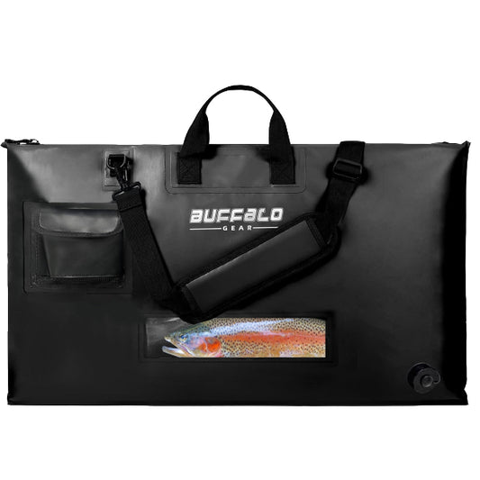 Black fishing bag with a visible brand logo on a white background