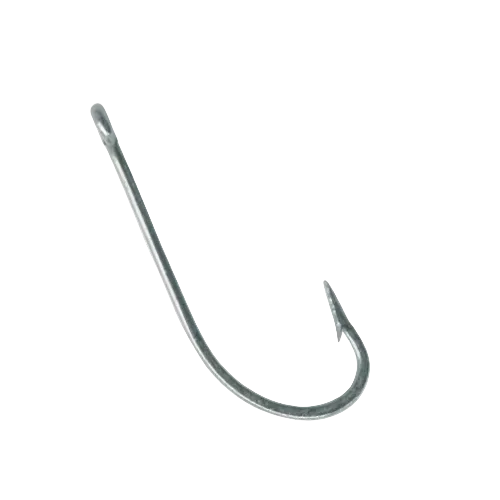 A single silver metal fishing hook shown on a plain white background.