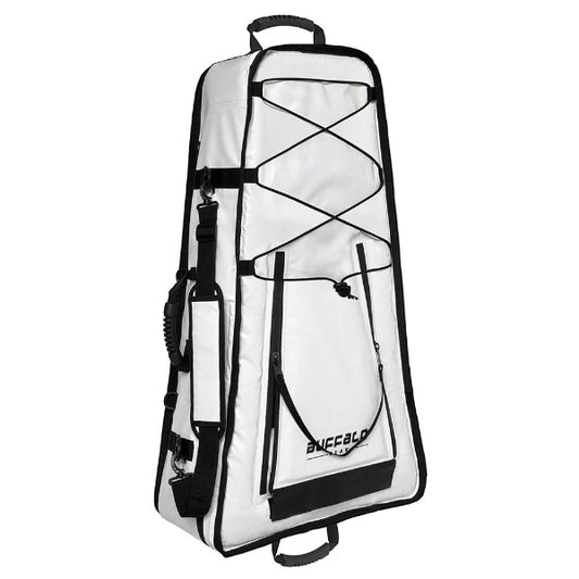 A white and blackkayak cooler bag with multiple zippered pockets, compression straps, and a telescoping handle, shown on a plain white background.