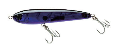 Purple fishing lure with treble hooks on a white background