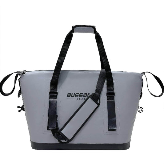 Gray cooler bag with black handles and shoulder strap on a white background