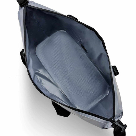 Gray bag with black straps on a white background