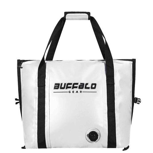 White tote bag with black handles and 'Buffalo Gear' logo on a white background