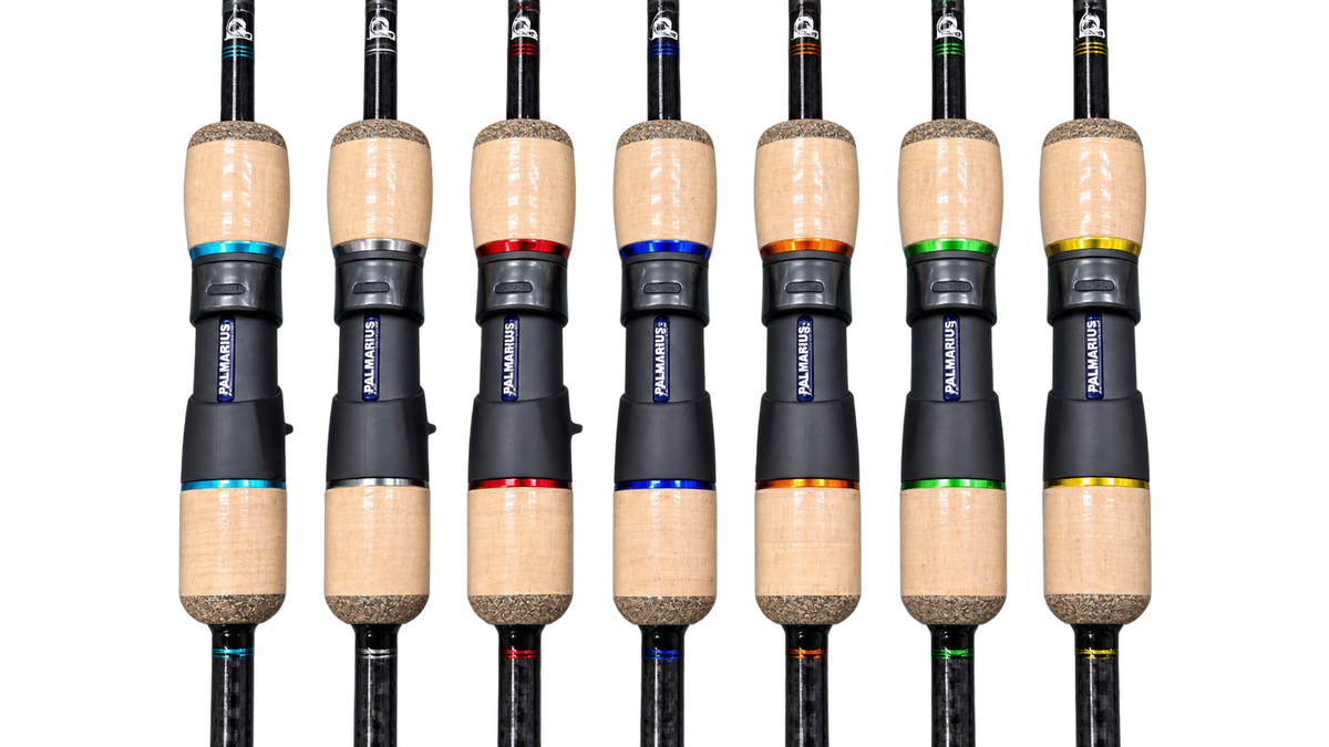 Six fishing rods arranged side by side on a white background, each showing a different colored anodized aluminum guide sleeve with the brand name Palmarius visible.