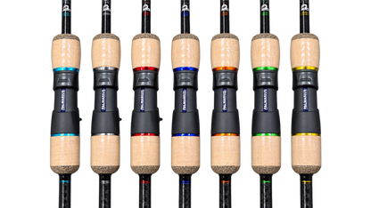 Six fishing rods arranged side by side on a white background, each showing a different colored anodized aluminum guide sleeve with the brand name Palmarius visible.