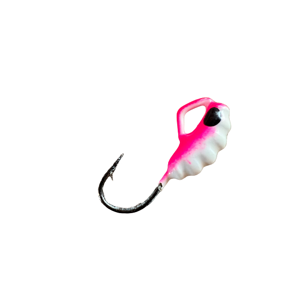 Fishing lure with pink and white design on a white background
