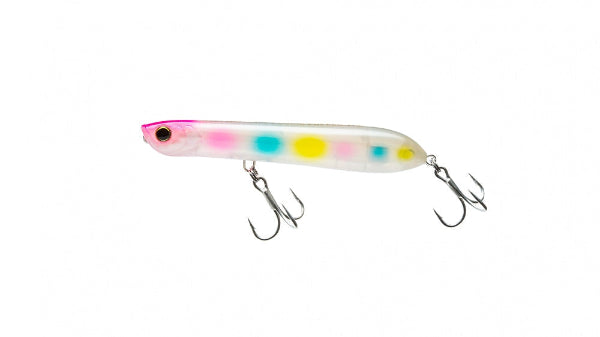 A clear plastic fishing lure with a pink head, colorful pink, blue, and yellow dots along its body, and two silver treble hooks, shown on a plain white background.