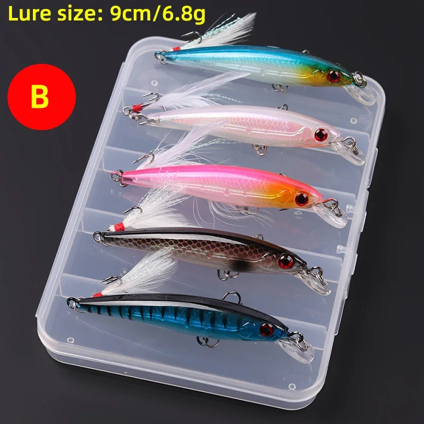 5pcs/box Laser 3D Eyes Bionic Minnow Fishing Lure -13.3g/6.8g Hard Bait with Feather Treble Hooks for Maximum Catch