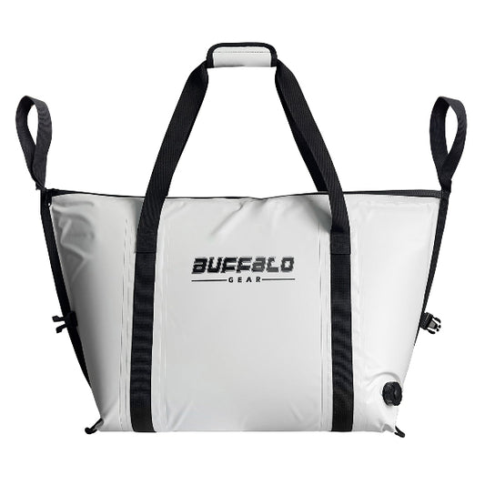 White tote bag with black straps and 'Buffalo Gear' logo on a white background