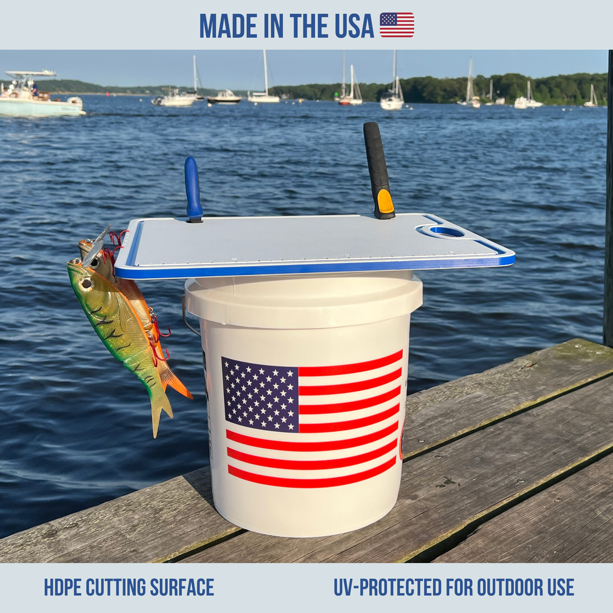 TRAPSKI Bucket Board | Made in USA | Marine-Grade HDPE | Fits 5-Gallon Buckets & Coolers | Integrated Ruler | Non-Skid Feet | Fillet, Bait Prep & Gear