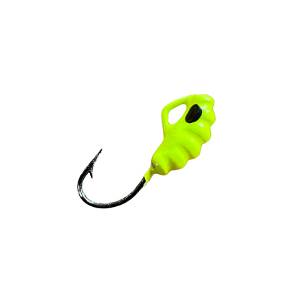 Yellow fishing lure with a black hook on a white background