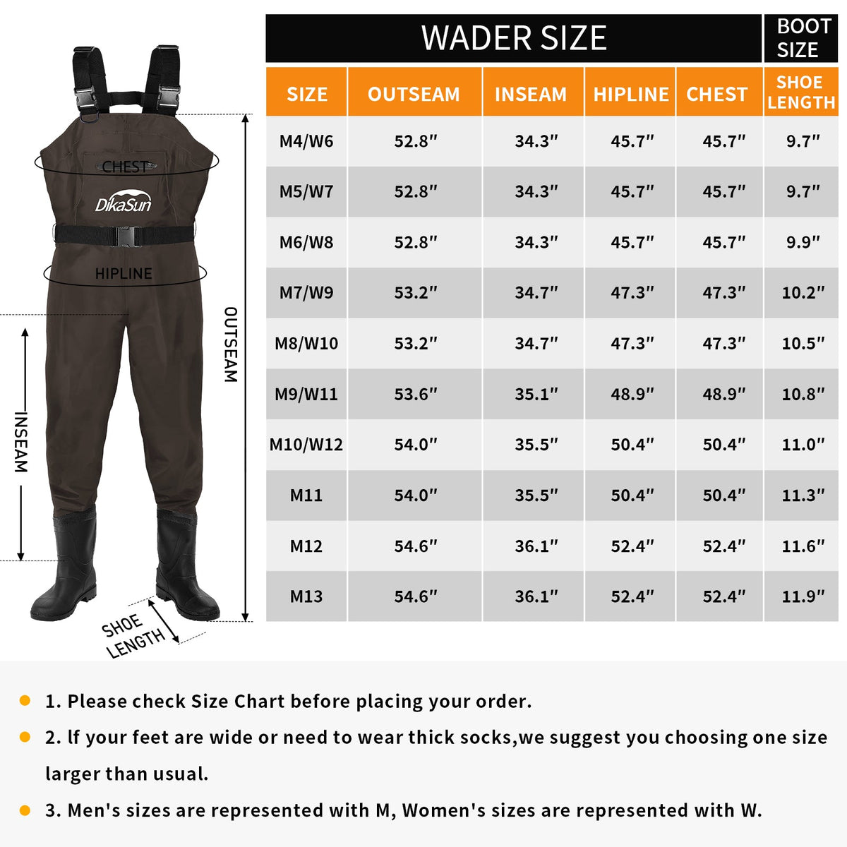 DikaSun Bootfoot Chest Waders with Boots Brown