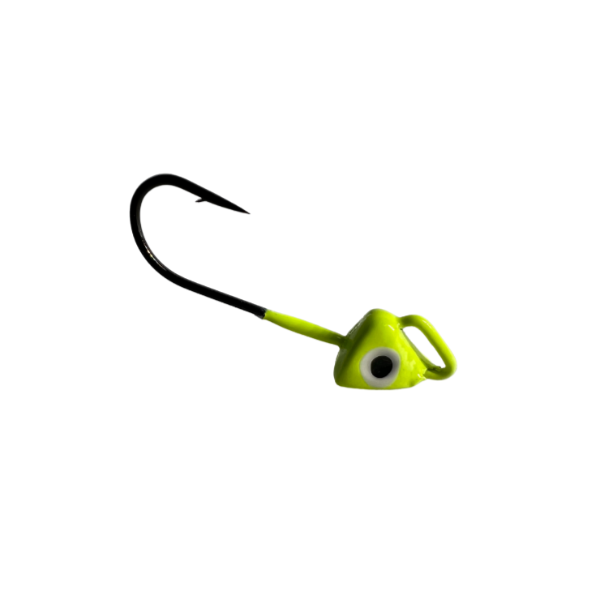 Fishing hook with a bright green treble hook and black shank on a white background