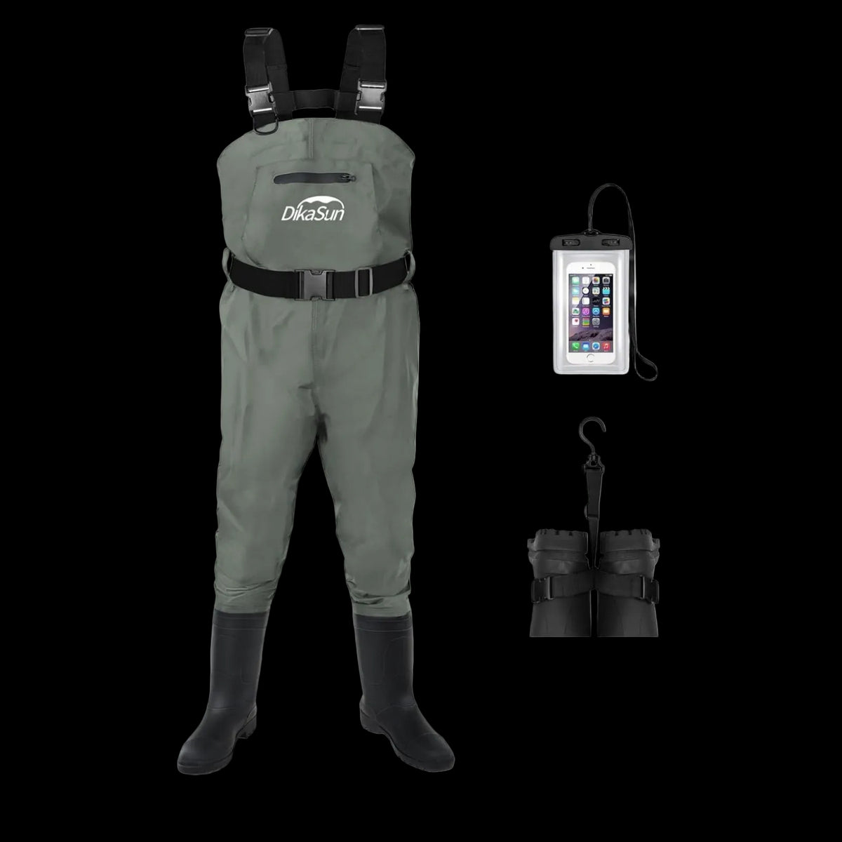 A pair of DkaSun waders in olive green with black rubber boots, shown on a white background alongside accessories: a clear waterproof phone pouch with black strap, a black hook, and a close-up of the wader boot area.
