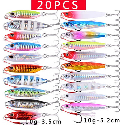 20PCS Quality Metal Cast Jig Spoon Set 10g- 60g Shore Casting Jigging Fish Sea Bass Fishing Lures Artificial Bait Tackle