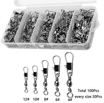 100Pcs/Lot 4#6#8#10#12# Swivels Mix Fishing Connector Snap Pin Rolling Lure Swivel Hook Carabiner Connectors Tackle Accessories