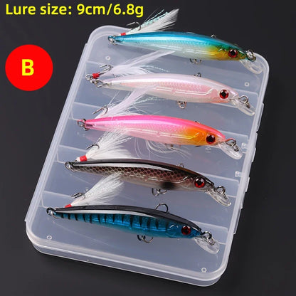5pcs/box Laser 3D Eyes Bionic Minnow Fishing Lure -13.3g/6.8g Hard Bait with Feather Treble Hooks for Maximum Catch