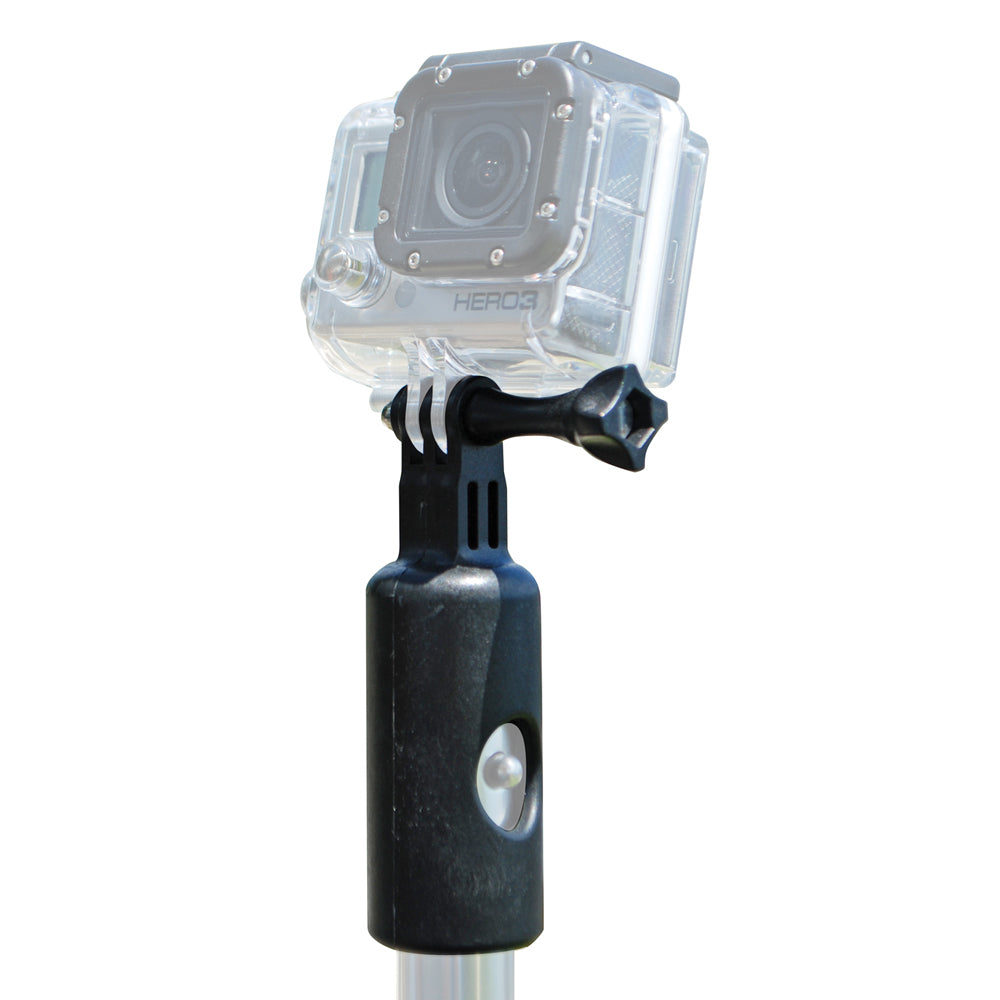 A GoPro camera in a clear case attached to a black adapter on a silver pole.