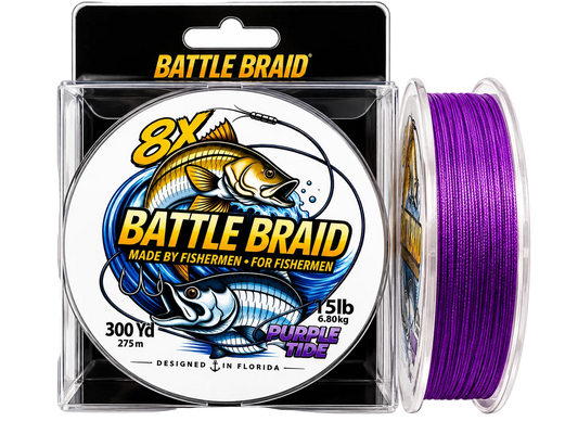 Battle Braid 8x fishing line in a clear plastic package with a spool of purple line shown beside it on a white background.