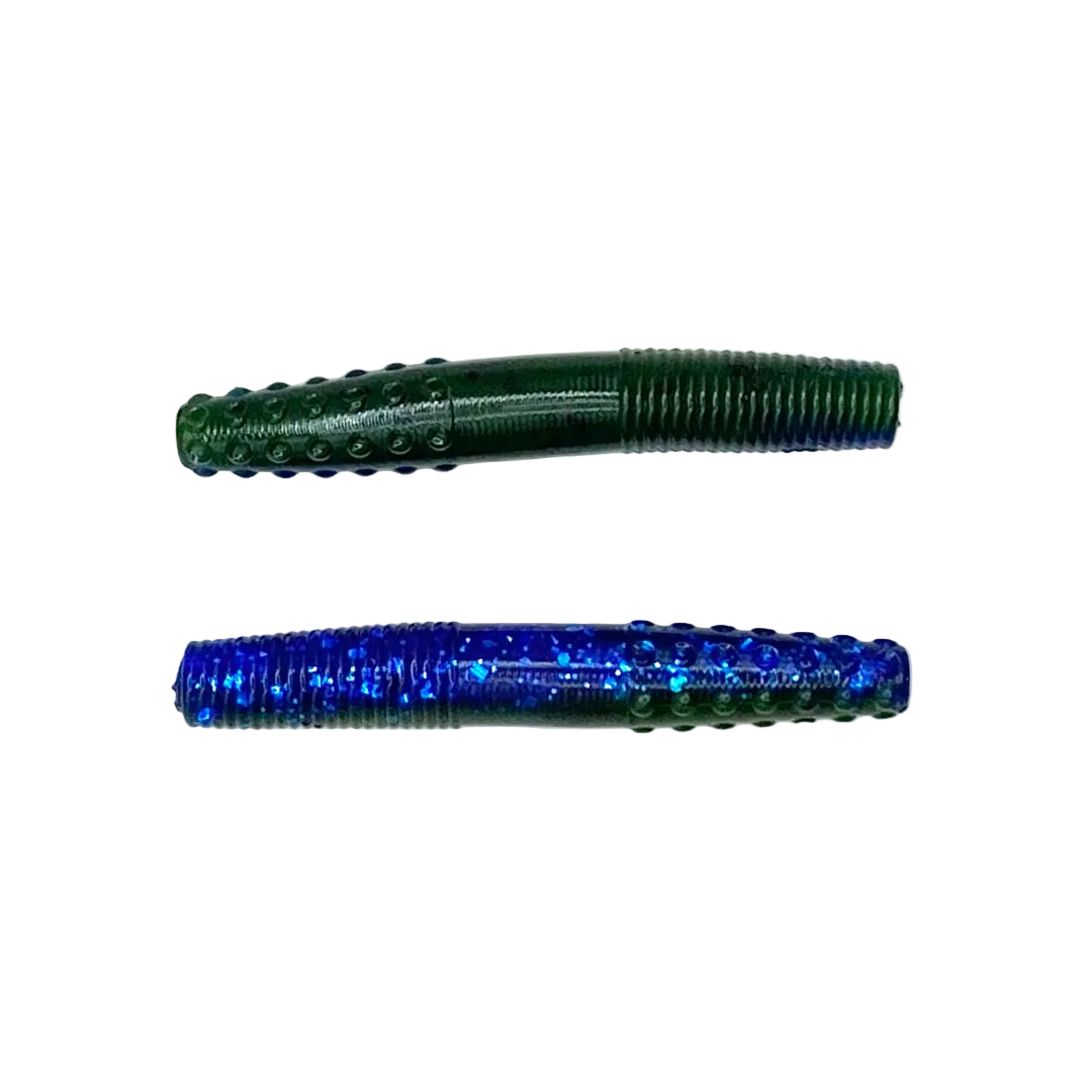 Two fishing lures, one green and one blue, on a white background