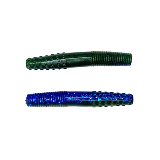 Two fishing lures, one green and one blue, on a white background