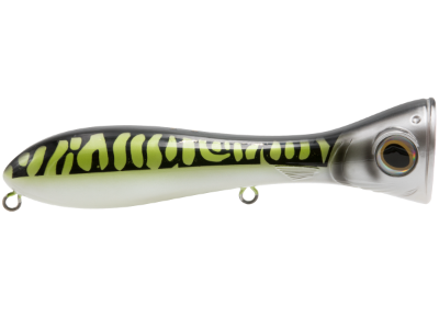 Fishing lure with tiger stripe pattern on a white background