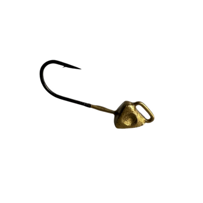 Fishing hook with a gold treble head on a white background