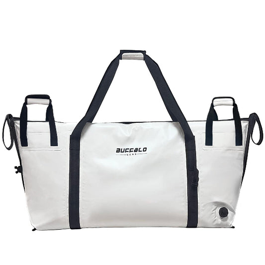 White bag with black straps and 'Buffalo' branding on a white background
