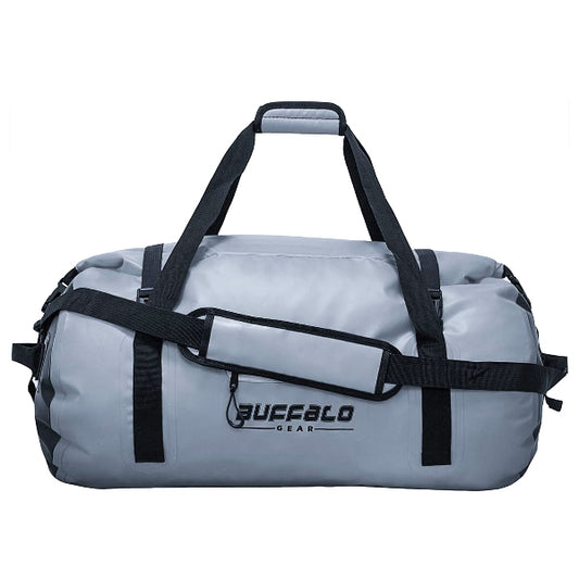 A light gray duffel cooler bag with black straps and handles, featuring the 'BUFFALO GEAR' logo printed on the front, set against a plain white background.