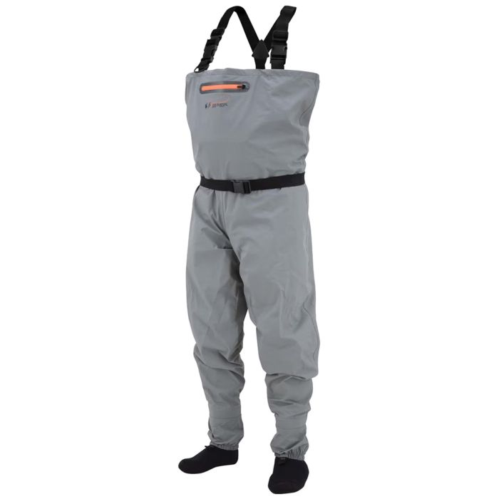 Slate grey men's waders with black suspenders, belt, and orange chest pocket zipper.