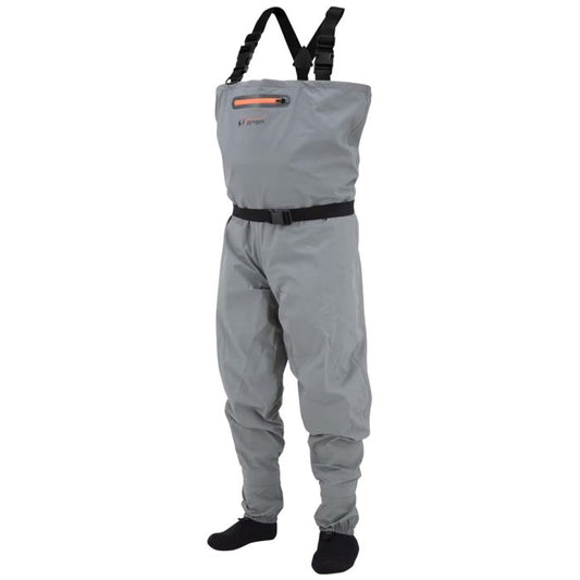Slate grey men's waders with black suspenders, belt, and orange chest pocket zipper.