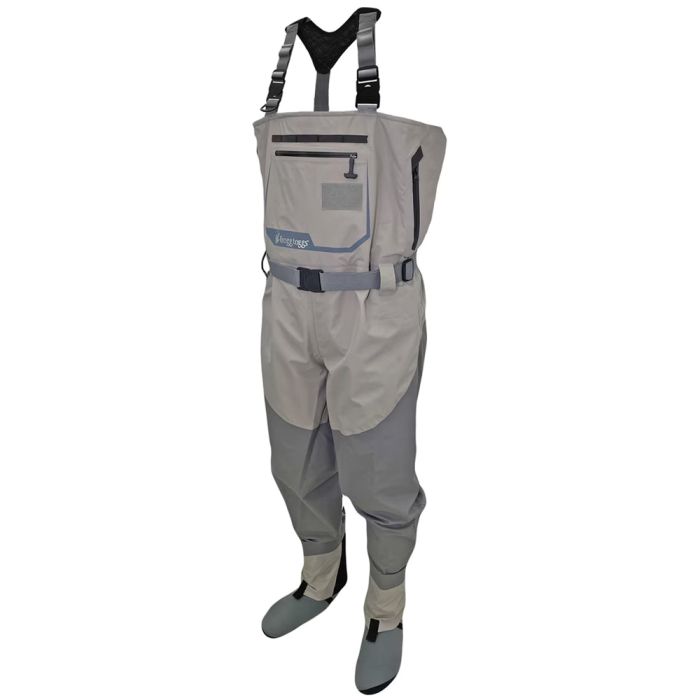 Light gray Frogg Toggs men's fishing waders with dark gray accents and suspenders.