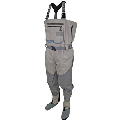 Light gray Frogg Toggs men's fishing waders with dark gray accents and suspenders.