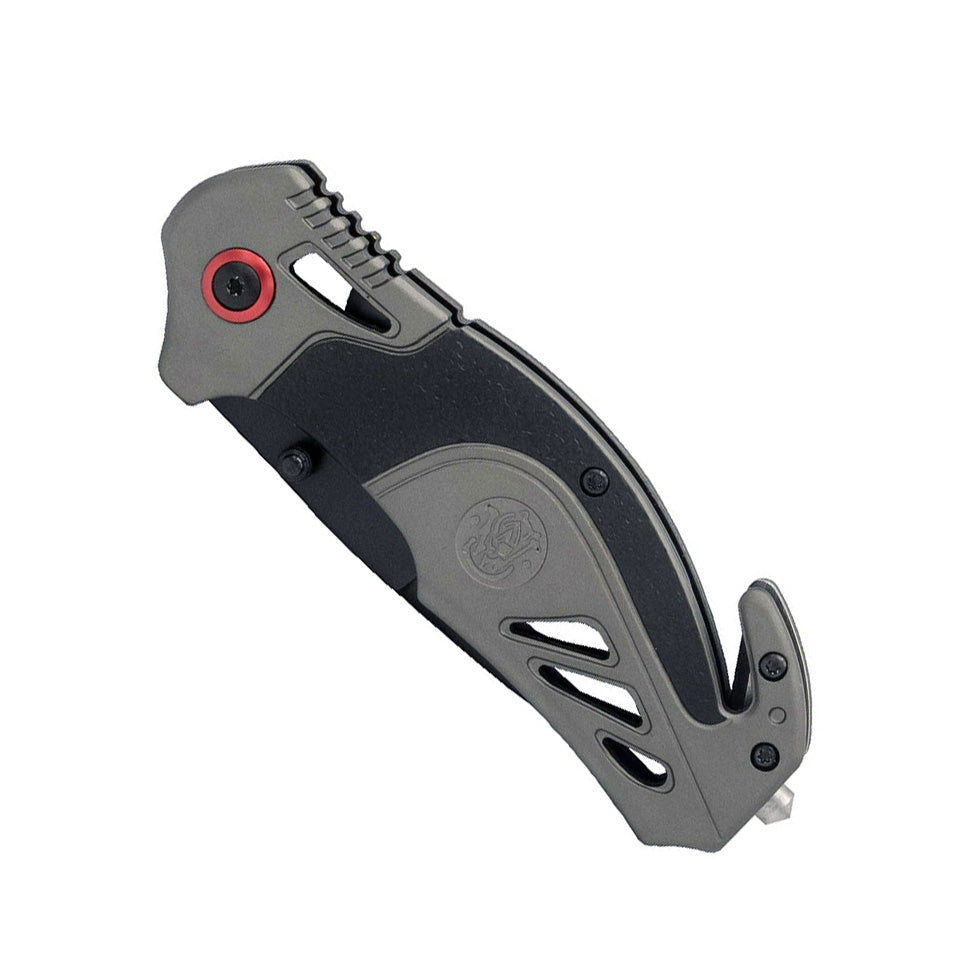 Closed grey and black rescue folding knife with red pivot and glass breaker.