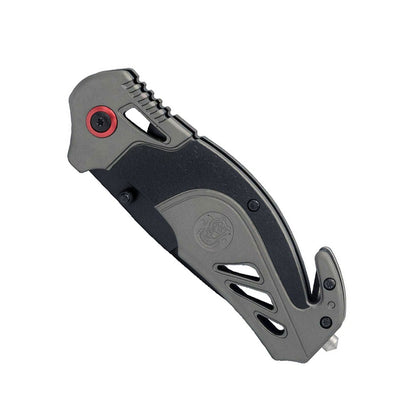 Closed grey and black rescue folding knife with red pivot and glass breaker.